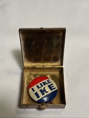 Antique red, white, blue I LIKE IKE Political Button in Brass Box